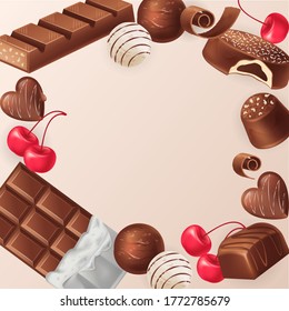 Sweet Chocolate Background. Happy chocolate Day greeting. Menu Food Dessert. Vector illustration EPS10.