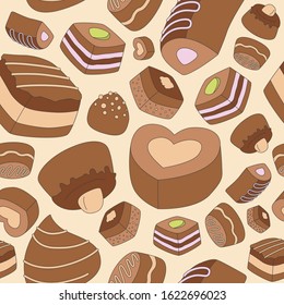 Sweet chocolate background - Vector color seamless pattern of dessert, candy, truffle and snack for graphic design