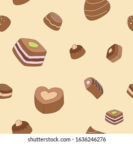 Sweet chocolate background - Vector color seamless pattern of dessert, candy, truffle and snack for graphic design