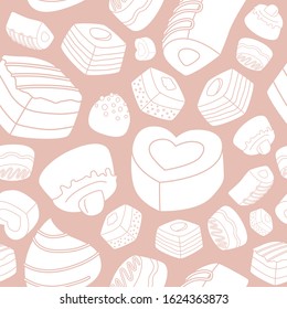 Sweet chocolate background - Vector seamless pattern solid silhouettes of dessert, candy, truffle and snack for graphic design