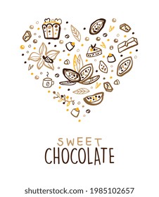 Sweet Chocolate Banner Template, Tasty Choco Desserts Poster, Card with Cocoa Beans and Sweets Seamless Pattern of Heart Shape Vector Illustration