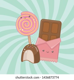 sweet chocolate bar and candies kawaii characters