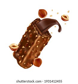 Sweet chocolate bar with hazelnut pieces and caramel. Vector realistic illustration of broken chocolate candy with crushed nuts and cocoa cream isolated on white background