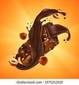 Sweet chocolate bar with hazelnut pieces and caramel on orange sunburst background. Vector realistic illustration of broken chocolate candy with crushed nuts and cocoa cream