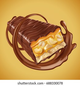 Sweet chocolate bar with nuts and caramel fillings, sauce swirling in 3d illustration