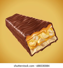 Sweet chocolate bar with nuts and caramel fillings in 3d illustration