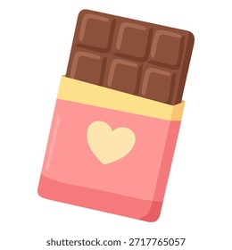 Barra de chocolate dulce en envoltura rosa con icono de corazón, regalo de caramelo romántico para San Valentín, Ilustración vectorial.