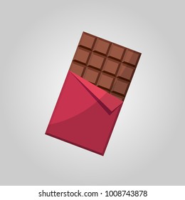 Sweet chocolate bar In red wrap.  Flat vector illustration.