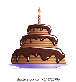 Sweet Chocolate birthday cake with candle icon isolated on white background. Vector