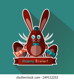 Sweet chocolate bunny and eggs. Flat design with long shadow. Happy Easter! 