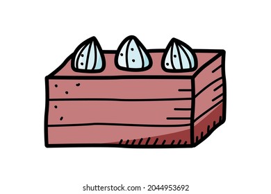 Sweet chocolate cake with cream, vector illustration of doodle style,