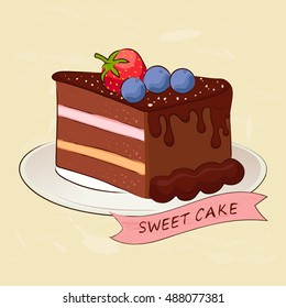 Sweet chocolate cake with fruit. Paper background.