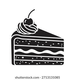 Sweet chocolate cake slice cherry topping dessert food icon symbol solid glyph vector design element pastry bakery cream layer delicious treat snack sponge
