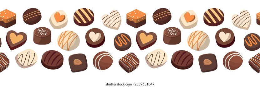 Sweet chocolate candies border pattern. Vector set of chocolate sweets and desserts. Isolated on white background.