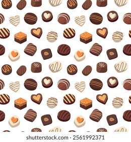 Sweet chocolate candies seamless pattern. Vector set of chocolate sweets and desserts. Isolated on white background.