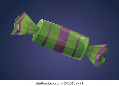 A sweet chocolate candy or lollipop in a green striped wrapper. Vector cartoon illustration of sweets.