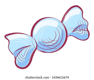 Sweet chocolate candy wrapped in blue paper isolated on white. Vector choco dessert, yummy confectionery item sketch icon, tasty food in flat style