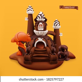 Sweet chocolate castle. 3d vector cartoon object. Plasticine art illustration