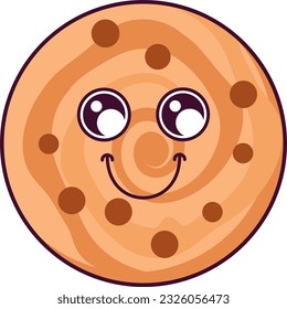 Sweet chocolate chips cookie smiling character. Cheerful mascot of children holiday and tea party. Simple colored flat vector icon isolated on white background