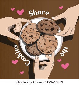 Sweet Chocolate Cookies With Hands Together. Vector Cute Cookie For Design Logo Or Banner. Sharing Cookies Together With Hand Drawn Style Drawing. 