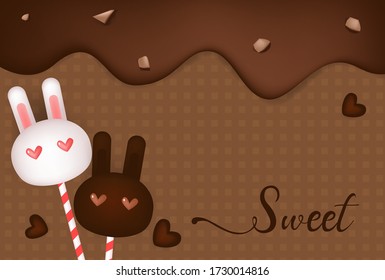 Sweet chocolate cream black and white rabbit lollipop vector illustration background, food chocolate cake, cute animal bunny shape food banner