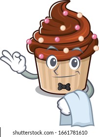 Sweet chocolate cupcake Character working as a Waiter