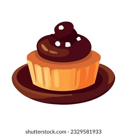 Sweet chocolate cupcake with creamy icing icon isolated