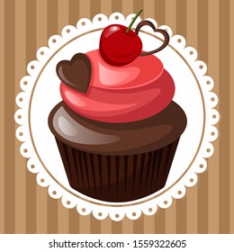 Sweet chocolate cupcake with pink cream and cherry, vector illustration