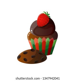 Sweet chocolate cupcake in stripped pack with strawberry and choc chip cookies