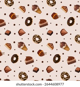 Sweet chocolate desserts in a pattern.Vector seamless pattern of chocolate sweet desserts on a colored background.