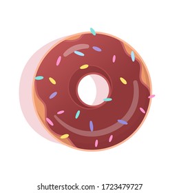 Sweet chocolate donut isolated on white background. Glossy doughnut cake with colorful decoration on cacao glaze cream. Glazed sugar ring. Tasty pastry. Vector Confectionary and bakery shop assortment