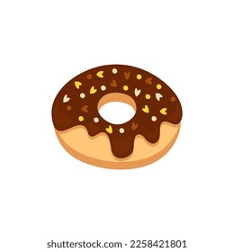 Sweet chocolate donut isolated on white background. Glossy doughnut cake with colorful decoration on cacao glaze cream. Glazed sugar ring. Tasty pastry. Vector Confectionary and bakery shop assortment