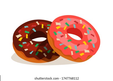 Sweet chocolate donuts isolated on white background. Glossy doughnut cakes with colorful decoration on glaze cream. Glazed sugar ring. Tasty pastry. Vector Confectionary and bakery shop assortment