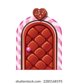 Una puerta de chocolate dulce con caña de caramelo y un fondo de caramelo. La puerta de los dulces aterriza. Delicioso postre. Estilo de caricatura. Ilustración vectorial aislada en fondo blanco.