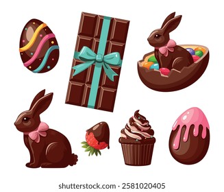 Sweet chocolate Easter set on white isolated background. The set includes eggs, bunny, cupcake and chocolate. Hand-drawn in cartoon style. Vector illustration in eps 10