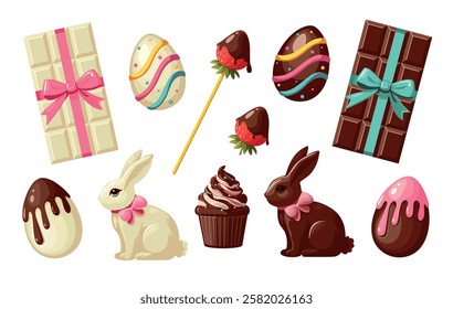 Páscoa de chocolate doce definida em fundo branco isolado. O conjunto inclui ovos, coelho, cupcake e chocolate. Desenhado à mão em estilo cartoon. Ilustração vetorial em eps 10