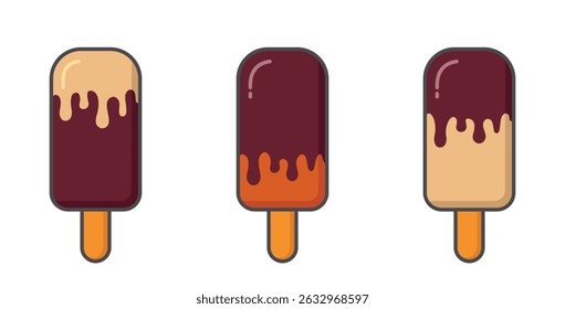 Sweet chocolate ice creams with creamy. Cold desserts and summer foods. Isolated vector images