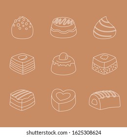 Sweet chocolate Icons set - Vector outline symbols of dessert, candy, truffle and snack for the site or interface