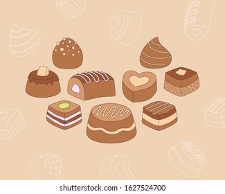 Sweet chocolate Icons set - Vector color symbols and outline of dessert, candy, truffle and snack for the site or interface