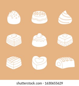 Sweet chocolate Icons set - Vector solid silhouettes of dessert, candy, truffle and snack for the site or interface