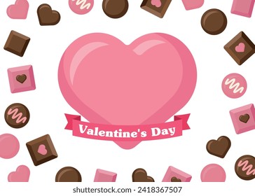 A sweet chocolate illustration frame background made with cocoa and sugar for lovers to commemorate 'Valentine's Day'. The chocolates come in heart, round, and square shapes in brown and pink.