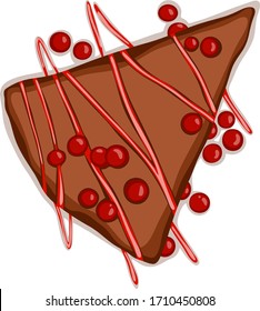 Sweet chocolate piece of pie with jam and red berries. Vector illustration. 