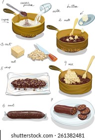 Sweet chocolate sausage. Fast and delicious chocolate dessert cookies, butter, sugar and cocoa powder. Recipe with step by step illustrations. Children's menu, homemade sweets, cakes.