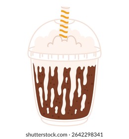 Refrigerante de chocolate doce com cobertura de chicoteado cremoso em copo de plástico com tampa de cúpula e palha listrada amarela. Rico e indulgente. Ilustração vetorial em desenho animado em estilo plano. Isolado no branco.
