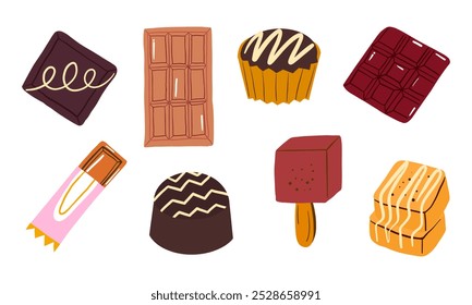 Coleção de Doces de Chocolate. Uma coleção desenhada à mão de deliciosos doces de chocolate, incluindo barras, pralines, cupcakes e picolés. Perfeito para projetos de sobremesa e padaria