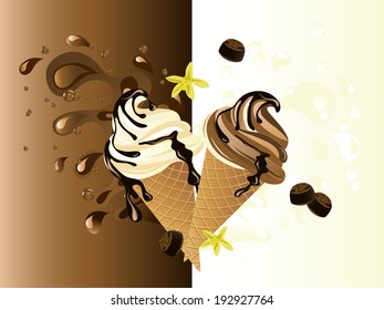 Sweet chocolate and vanilla ice cream on abstract background