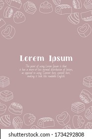 Sweet chocolate - vertical card with text and vector outline illustrations of dessert, candy, truffle and snack for graphic design