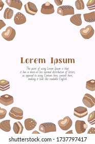 Sweet chocolate - vertical card with text and vector color illustrations of dessert, candy, truffle and snack for graphic design