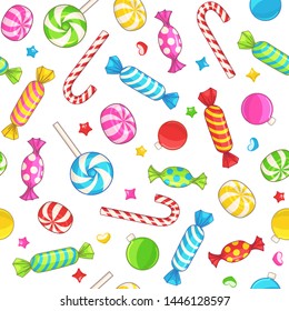 Sweet christmas background. Vector seamless pattern with candies and christmas balls. New Year pattern