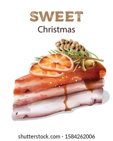 Sweet christmas cake with orange slices on top. Pine cone, nuts with leaves. Watercolor winter vector